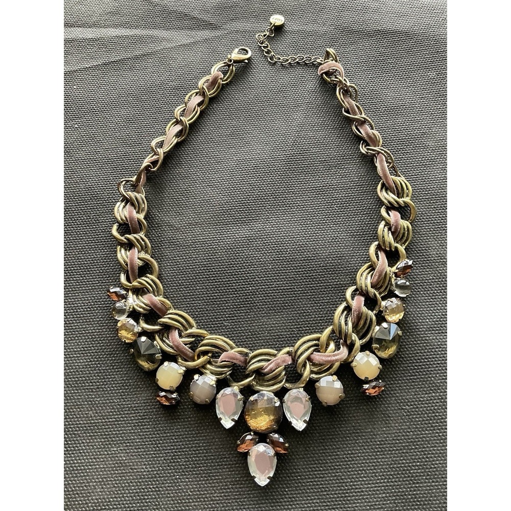 vintage Loft brass tone bib necklace Earthy Tone Rhinestone Estate Jewelry